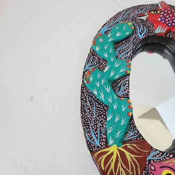 VTG Oaxacan Carved Wood Mirror Frame Oval Handed Paint Fish Cactus Bird Fox 7" - Picture 5 of 14